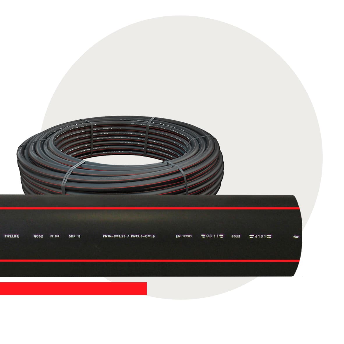 PE 100 RC SN64 svarte rør med røde striper